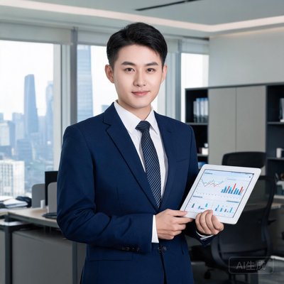 首席分析师小王，穿着西装，手持平板