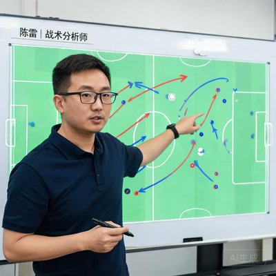 战术分析师陈雷，背景是战术板